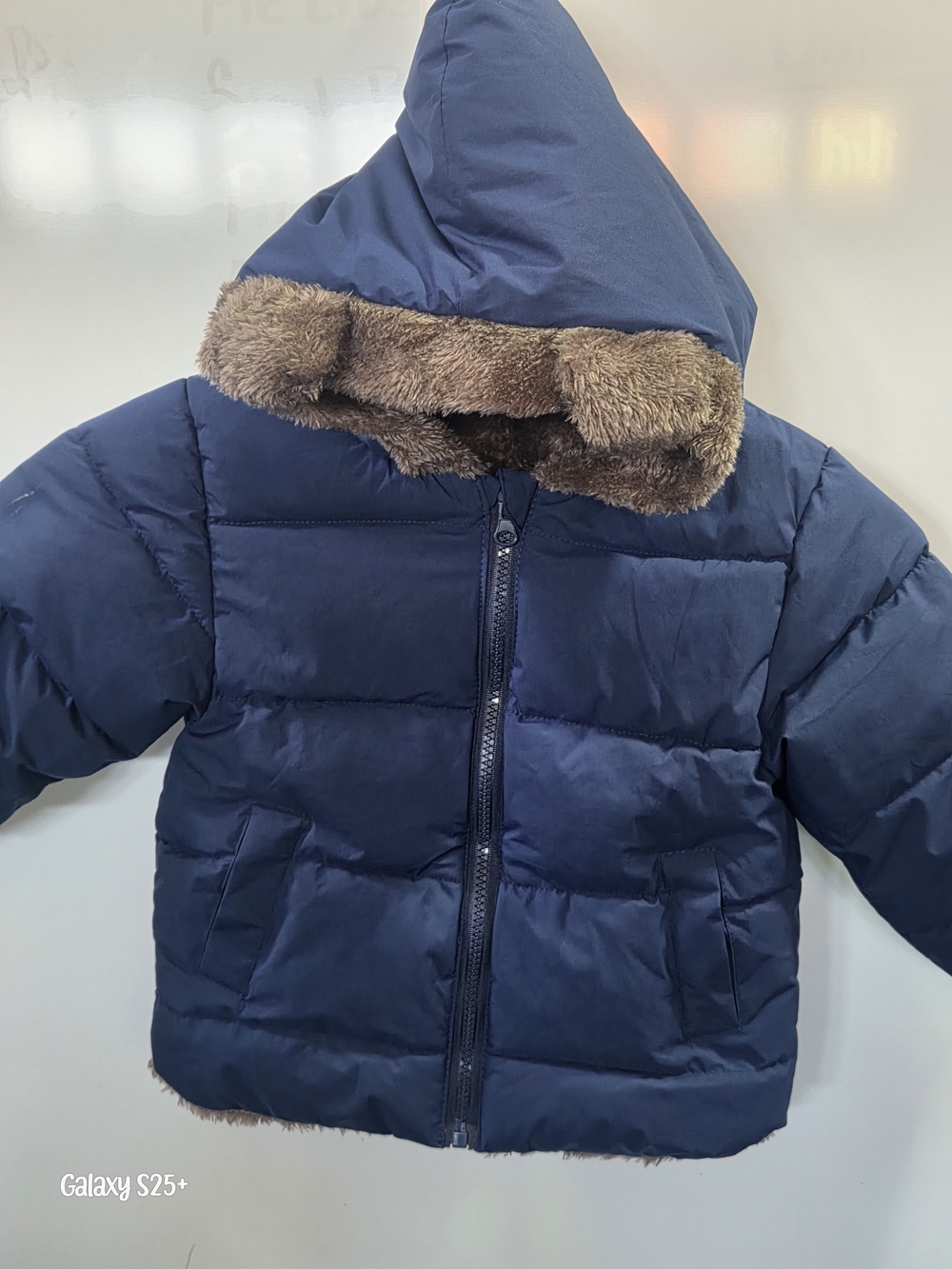 Toddler Navy Blue Puffer Jacket Faux Fur Lined Hood Size 90 2T